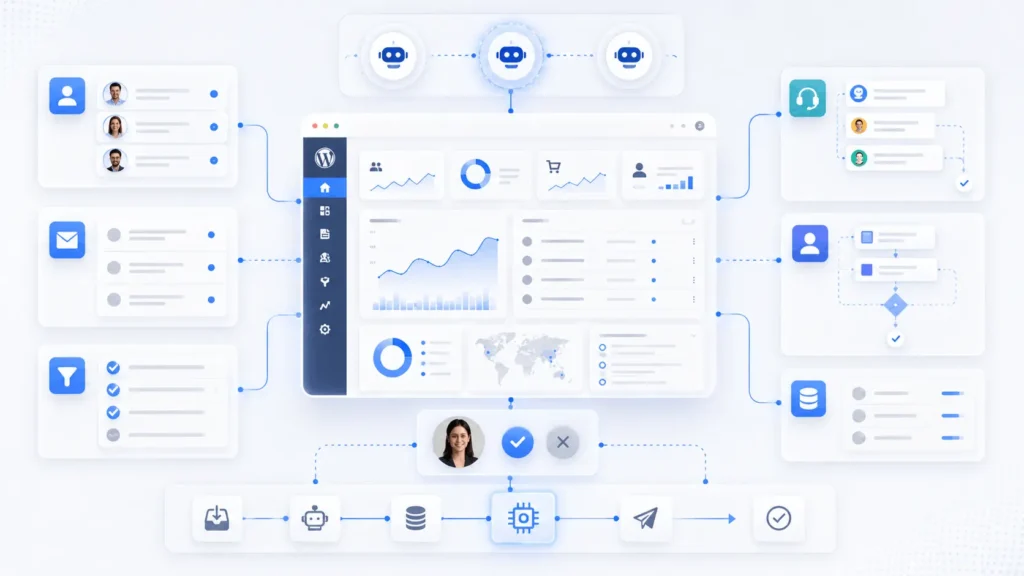 WordPress AI automation integration showing CRM workflows, lead qualification, support tickets, human approval, and automation pipelines