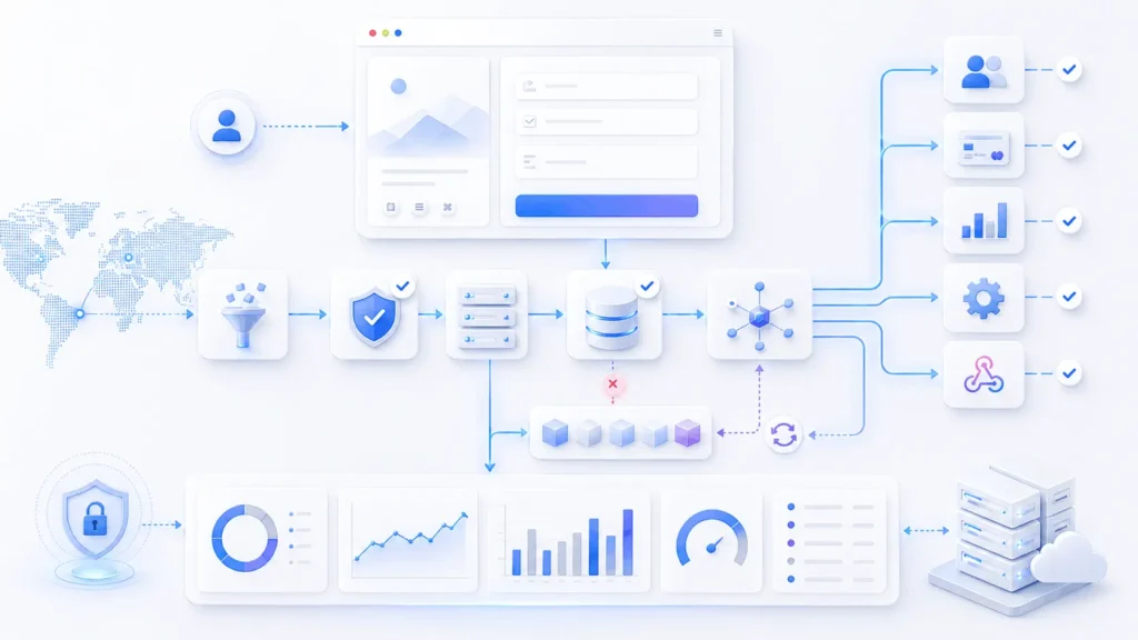 WordPress production workflow showing form submission, backend processing, API integration, webhook handling, and monitoring