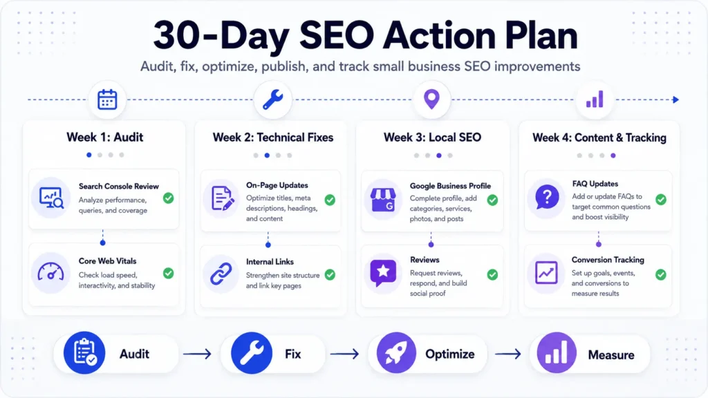 30-day small business SEO checklist action plan showing weekly audit, technical SEO, local SEO, content, and tracking tasks