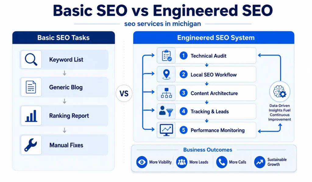 Basic SEO versus engineered SEO system comparison for seo services in Michigan showing audits, local SEO, content, tracking, and monitoring
