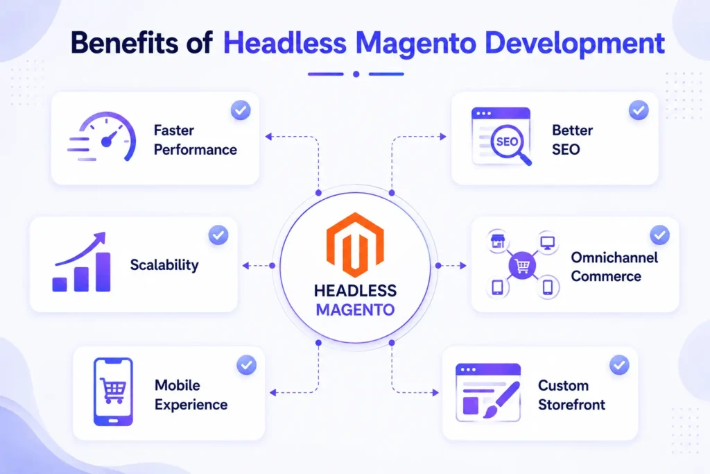 Benefits of Headless Magento development including speed, scalability, SEO and omnichannel commerce.