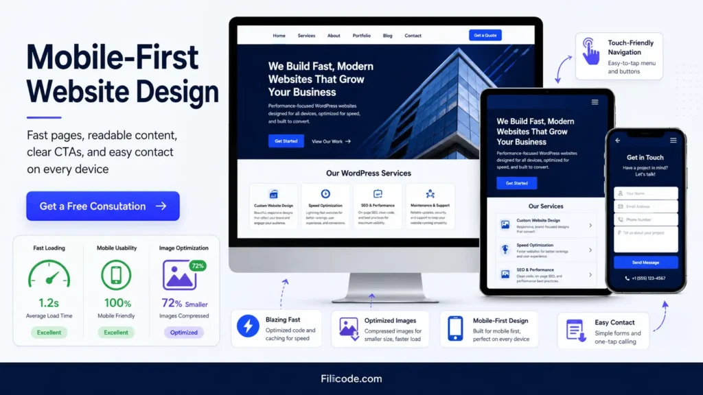 Business website design tips for mobile-first website design with responsive layout, fast pages, clear CTAs, and easy contact forms