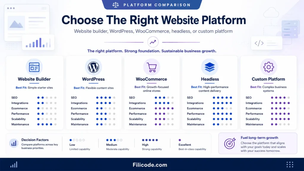 Business website design tips comparing website builder, WordPress, WooCommerce, headless WordPress, and custom platform options