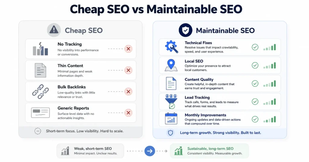 Cheap SEO versus maintainable affordable SEO comparison for small business showing technical fixes, local SEO, content quality, and lead tracking