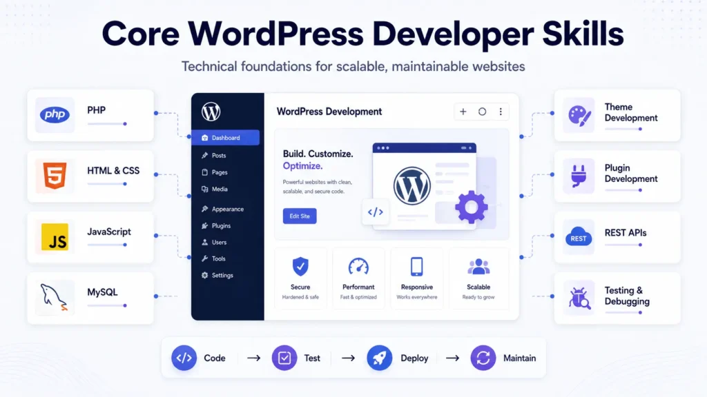 Core WordPress developer skills including PHP, JavaScript, MySQL, theme development, plugin development, and REST APIs