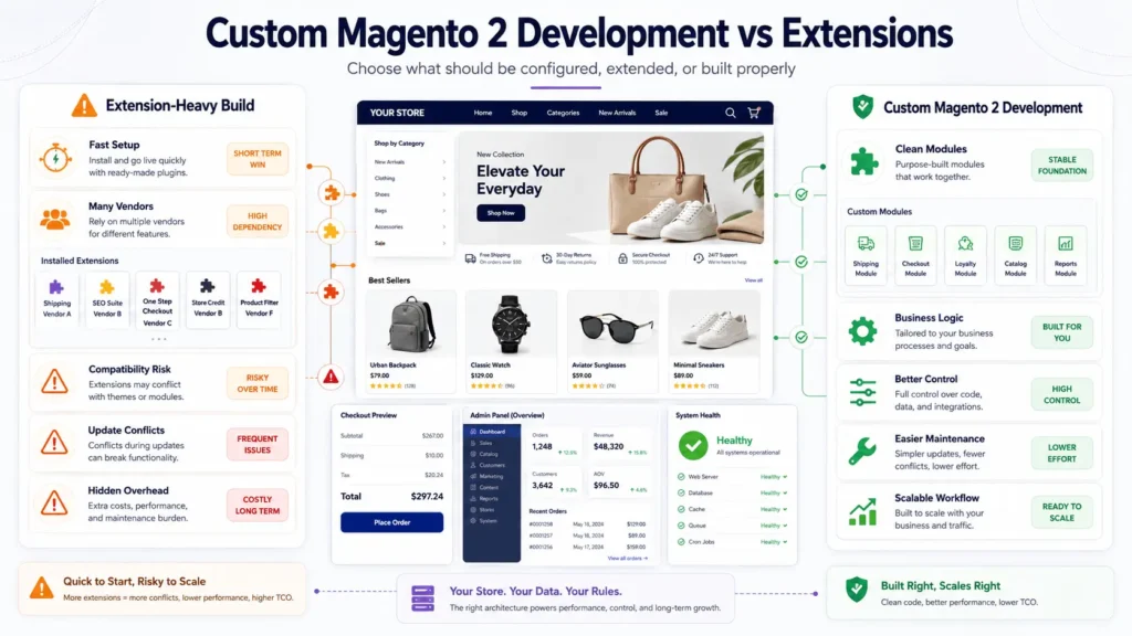 Custom Magento 2 development comparison showing extension-heavy build risks, clean modules, business logic, and scalable ecommerce workflow