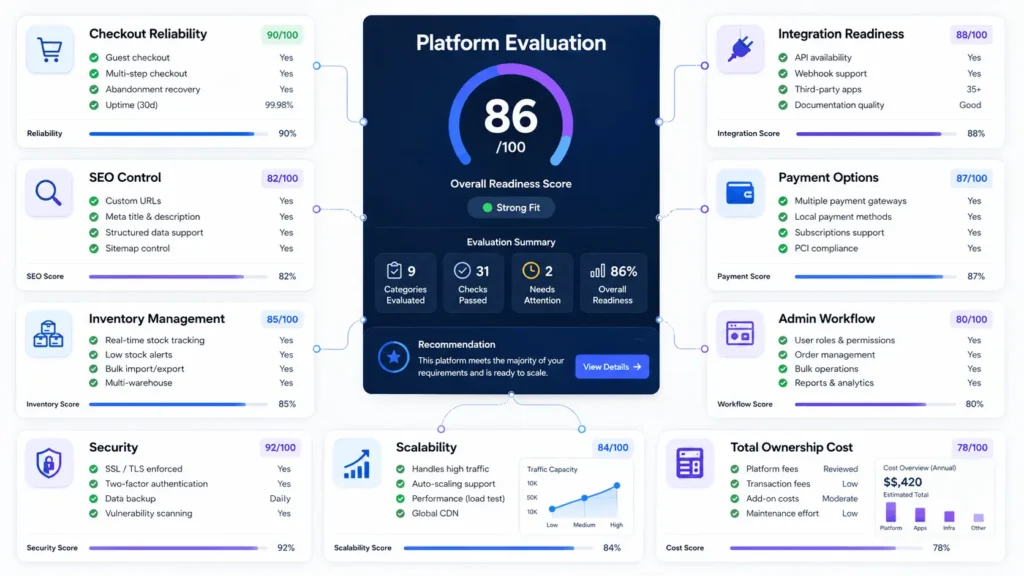 Ecommerce platform evaluation dashboard showing checkout reliability SEO control integrations inventory payments security and scalability