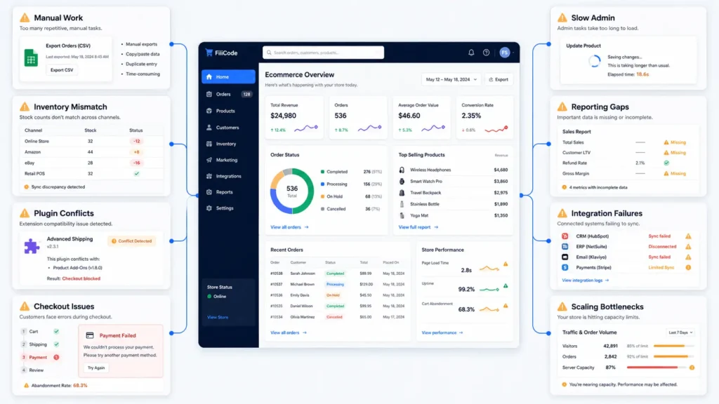Ecommerce platform scaling bottlenecks showing checkout issues plugin conflicts and reporting gaps