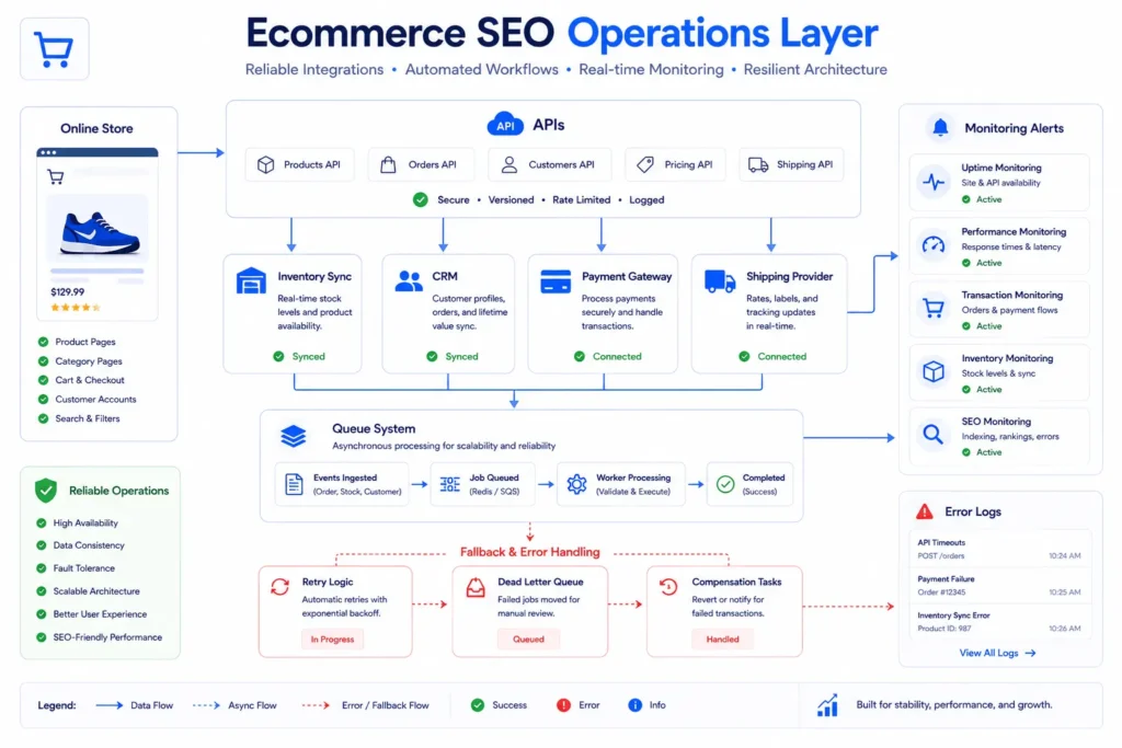 Ecommerce SEO Chicago operations layer showing API integrations, inventory sync, CRM, payment gateway, queues, and monitoring