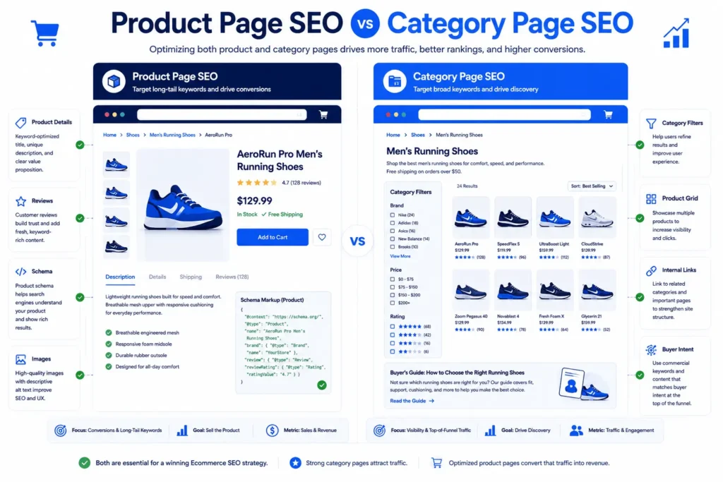 Ecommerce SEO Chicago comparison of product page SEO and category page SEO for online store growth