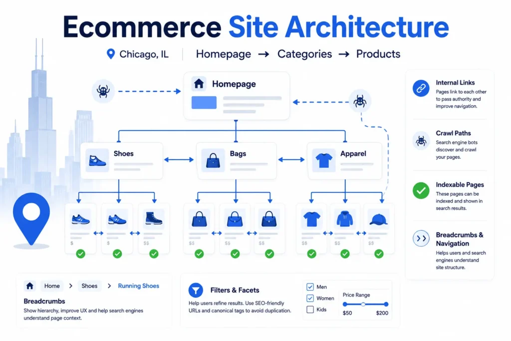Ecommerce SEO Chicago site architecture showing category pages, product pages, internal links, and crawl paths