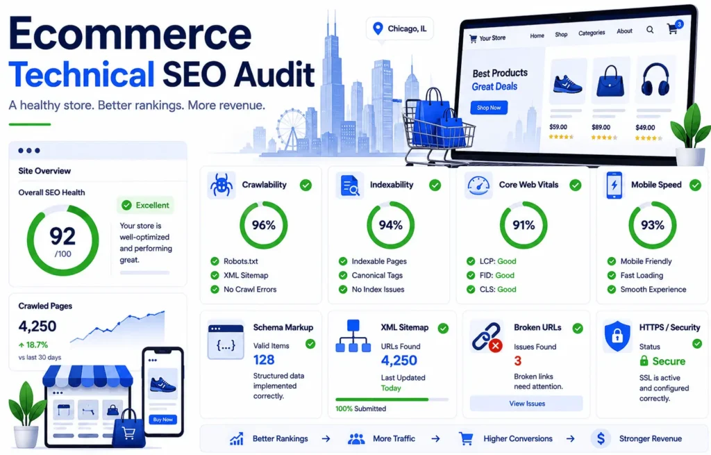 Ecommerce SEO Chicago technical SEO audit dashboard showing crawlability, indexability, site speed, and schema markup