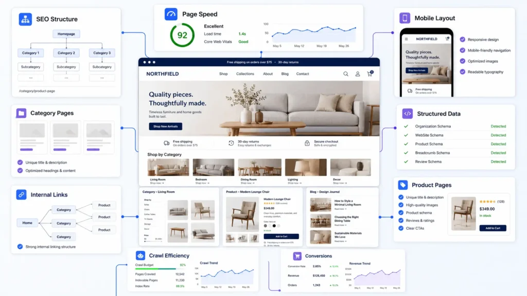 Ecommerce SEO and performance dashboard showing page speed site structure and internal links