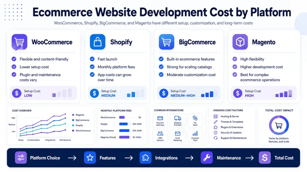 Ecommerce website development cost by platform comparison for WooCommerce Shopify BigCommerce and Magento