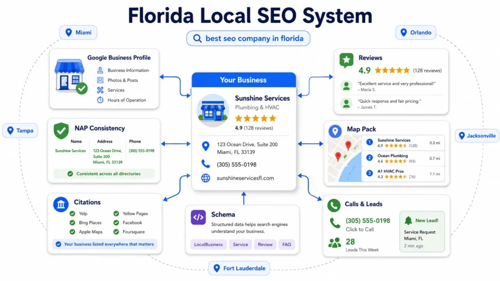 Florida local SEO system for best seo company in florida with Google Business Profile reviews citations map pack and leads