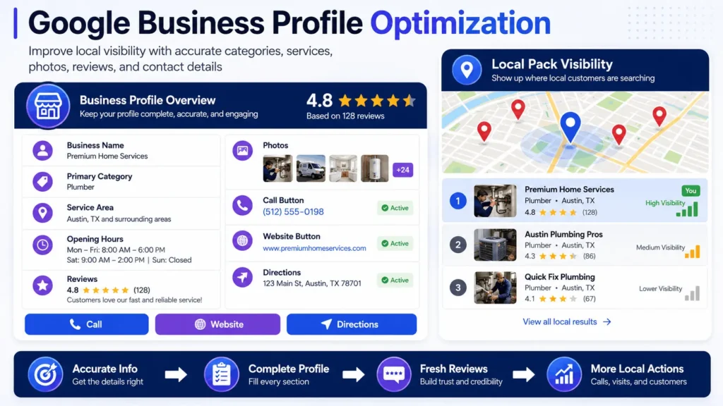 Google Business Profile optimization dashboard for local SEO with categories reviews photos and local pack visibility