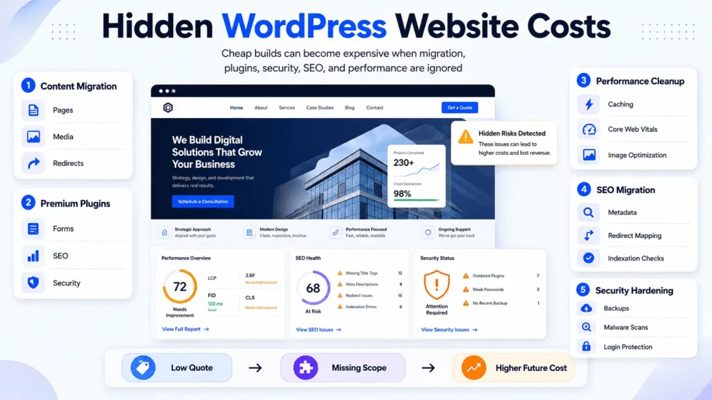 Hidden WordPress website costs including content migration premium plugins performance cleanup SEO migration and security hardening