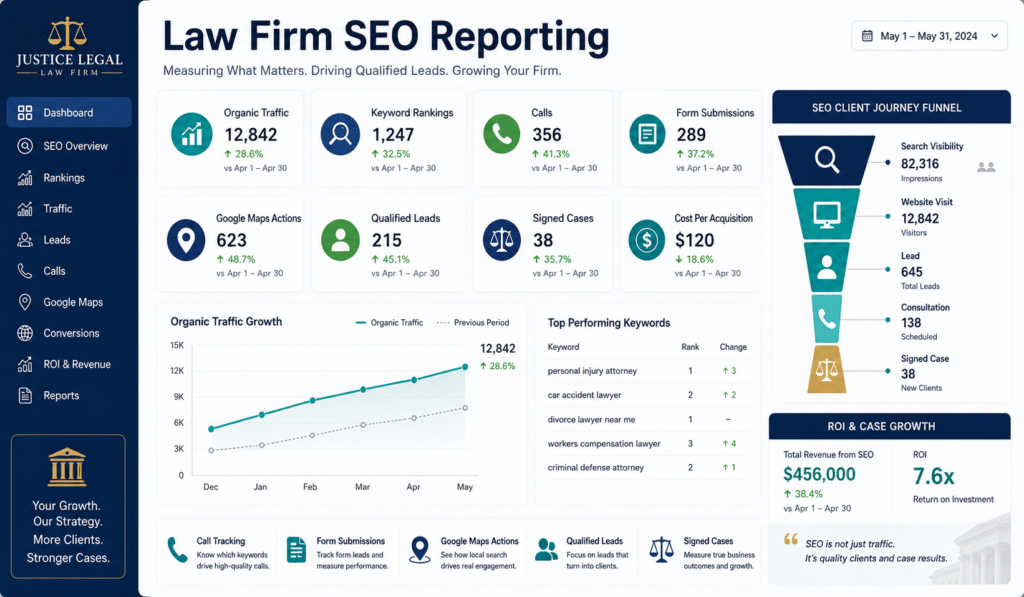 Law firm SEO reporting dashboard showing organic traffic, calls, form submissions, qualified leads, signed cases, and ROI