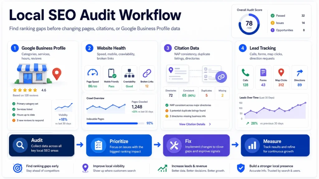 Local SEO audit workflow showing Google Business Profile, website health, citations, and lead tracking checks