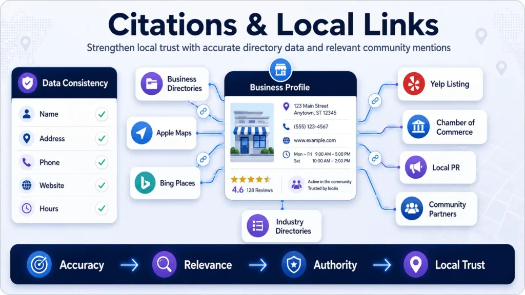 Local SEO citations and local link building dashboard showing directory data NAP consistency and community links