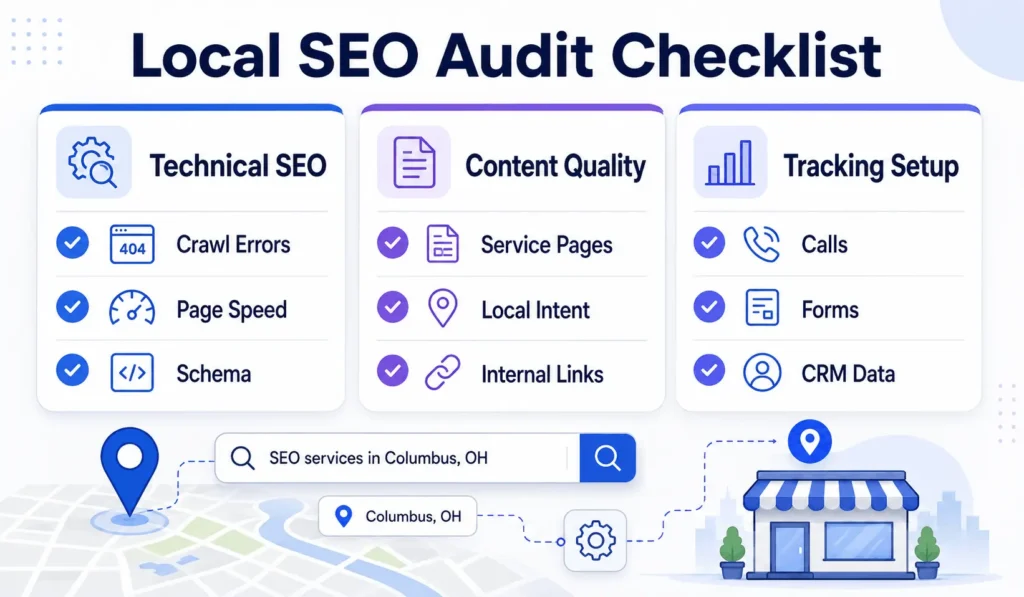 Local SEO company Columbus audit checklist showing technical SEO, content quality, tracking setup, calls, forms, and CRM data