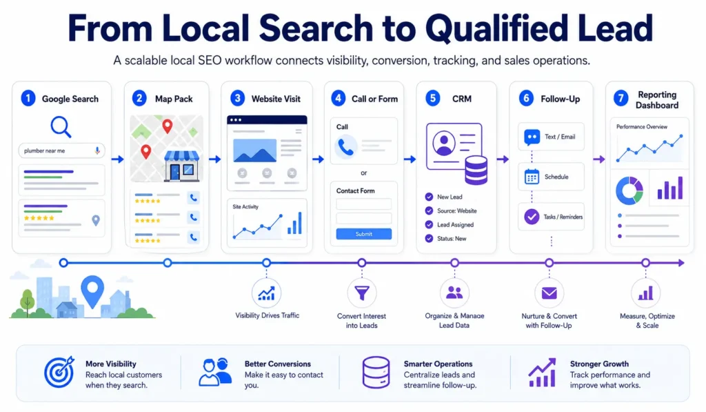 Local SEO company Columbus workflow from Google Search and Map Pack to website visits, calls, CRM follow-up, and reporting
