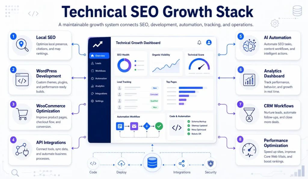 Local SEO company Columbus technical SEO growth stack with WordPress development, WooCommerce optimization, API integrations, AI automation, and analytics