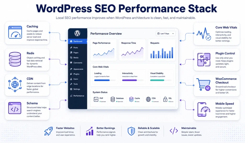 Local SEO company Columbus WordPress SEO performance stack showing caching, Redis, CDN, schema, Core Web Vitals, and WooCommerce checkout