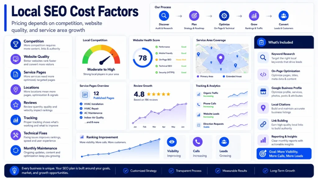 Local SEO cost factors dashboard showing competition, website quality, service pages, locations, reviews, tracking, and technical fixes
