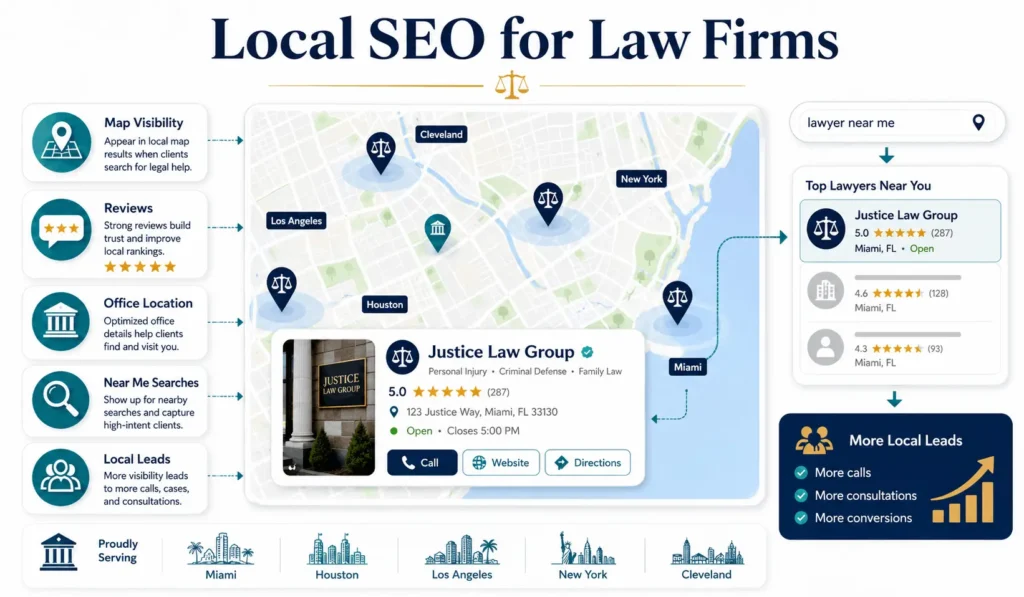Local SEO for law firms map visibility illustration with reviews, office locations, near me searches, and local legal leads