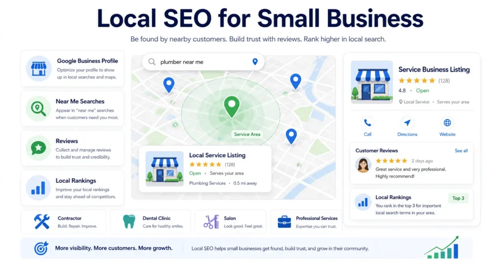 Local SEO dashboard for small business showing map pins, Google Business Profile, reviews, and near me searches