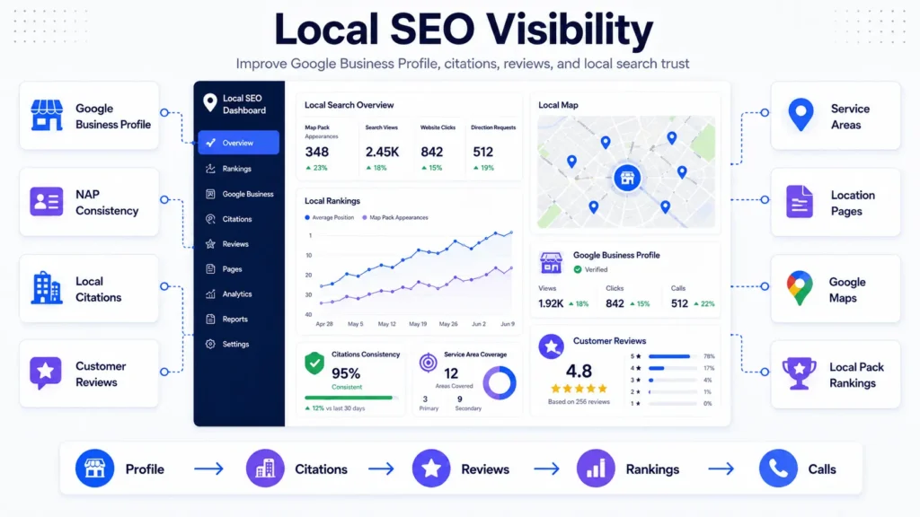 Local SEO visibility image for small business SEO checklist showing Google Business Profile, citations, reviews, service areas, and map rankings