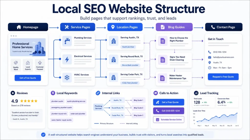 Local SEO website structure showing homepage, service pages, location pages, internal links, reviews, calls to action, and lead tracking