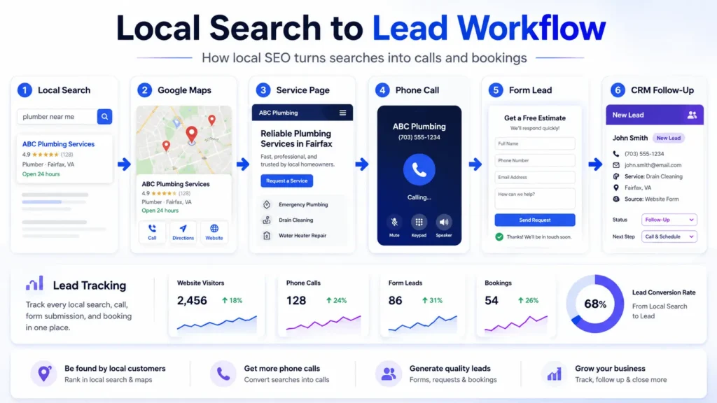 Local SEO workflow showing how local search results turn into service page visits, phone calls, form leads, and CRM follow-up