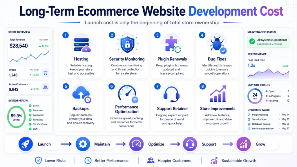 Long term ecommerce website development cost including hosting maintenance security updates support and optimization