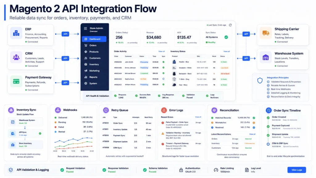 Magento 2 development API integration flow showing ERP, CRM, payment gateway, inventory sync, webhooks, retry queue, and error logs