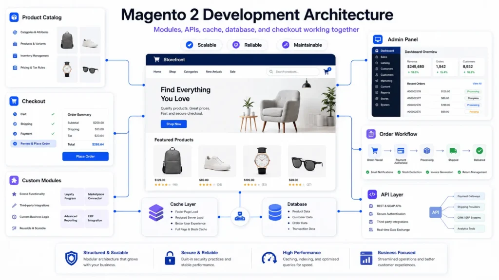 Magento 2 development architecture diagram showing storefront, checkout, API layer, cache, database, and custom modules