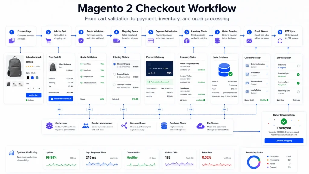 Magento 2 development checkout workflow showing cart validation, payment authorization, inventory check, order creation, and ERP sync