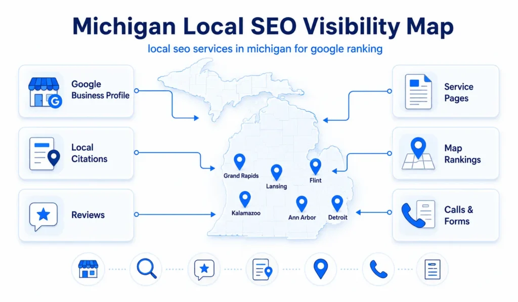 Michigan local SEO visibility map showing Google Business Profile, citations, reviews, service pages, map rankings, calls, and forms