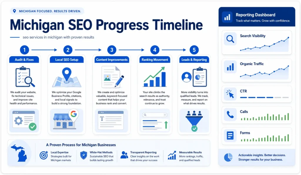 Michigan SEO progress timeline showing audit fixes, local SEO setup, content improvements, ranking movement, leads, and reporting