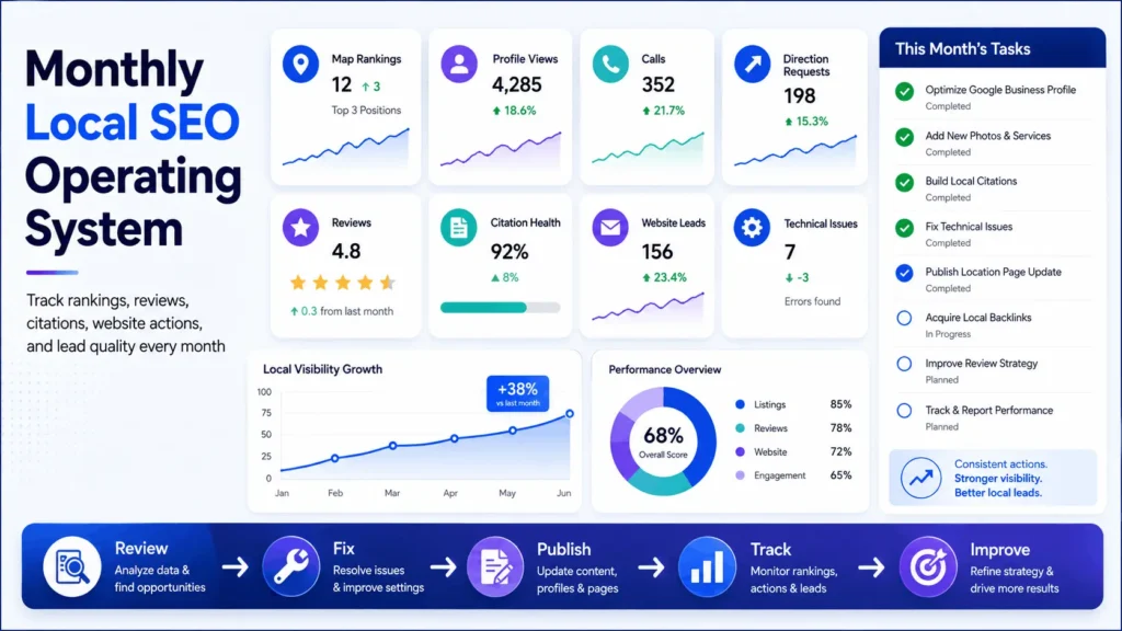 Monthly local SEO operating system dashboard showing rankings reviews citations calls website leads and technical issues