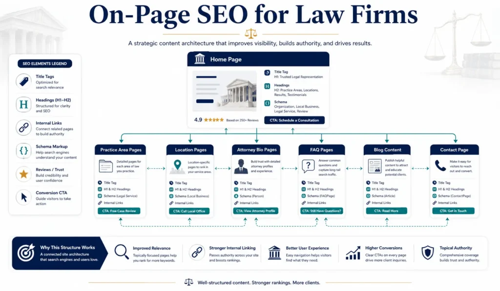 On-page SEO for law firms structure showing practice area pages, location pages, attorney bios, FAQs, internal links, and CTAs