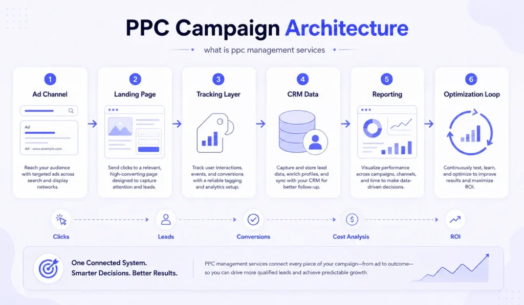 PPC campaign architecture workflow showing ad channels, landing pages, tracking layer, CRM data, reporting, and optimization loop