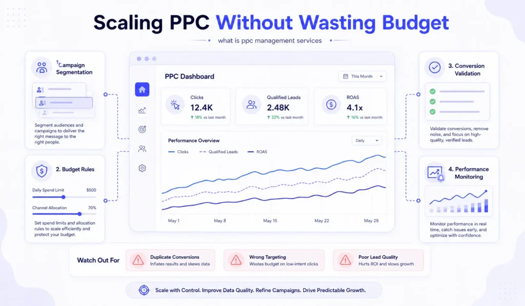 Scaling PPC management dashboard showing campaign segmentation, budget rules, conversion validation, performance monitoring, qualified leads, and ROAS