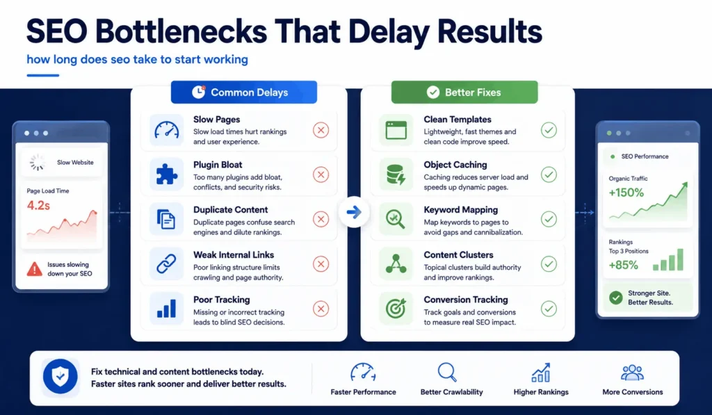 SEO bottlenecks delaying results for WordPress SaaS and WooCommerce with how long does seo take to start working