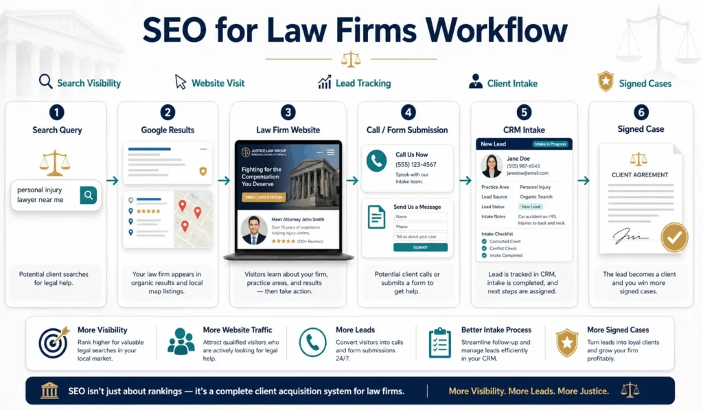 SEO for law firms workflow showing search visibility, website visits, lead tracking, client intake, and signed cases
