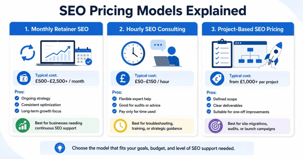 SEO pricing models comparison showing monthly retainer, hourly SEO consulting, and project based SEO pricing structures