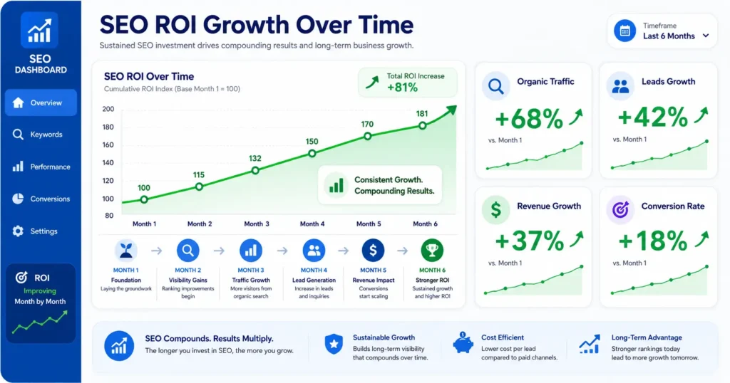 SEO ROI growth chart showing increasing organic traffic, leads, and revenue from SEO investment over time