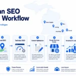 SEO services in Michigan workflow showing website audit, local SEO, technical SEO, content optimization, Google Business Profile, analytics, and lead growth