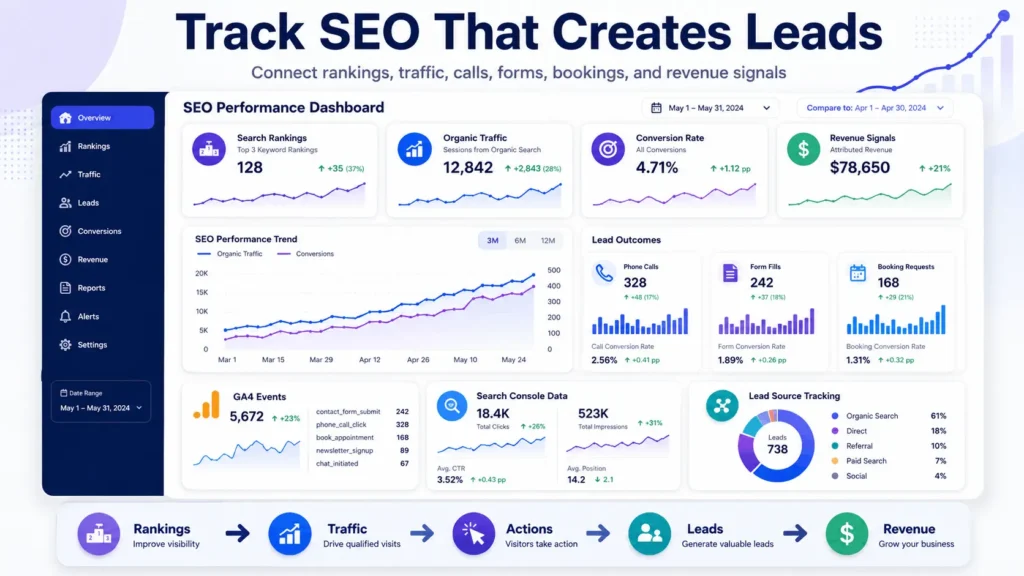 SEO tracking dashboard for small business SEO checklist showing rankings, organic traffic, phone calls, forms, bookings, leads, and revenue signals